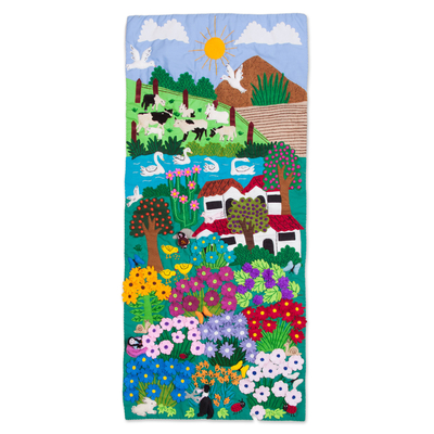 Cotton blend applique wall hanging, 'Flowers in the Valley' - Cotton Blend Flower-Filled Valley Applique Wall Hanging
