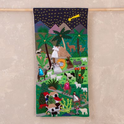 Peruvian Cotton Blend Nativity Scene Applique Wall Hanging Beautiful Night Nativity Novica