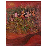 'Mixed Feelings in Red' (2010) - Signed Painting of Mermaids in Red (2010) from Peru