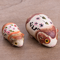 Ceramic figurines, 'Guinea Pig Mother and Child' (pair) - Ceramic Mother and Child Guinea Pig Figurines (Pair)