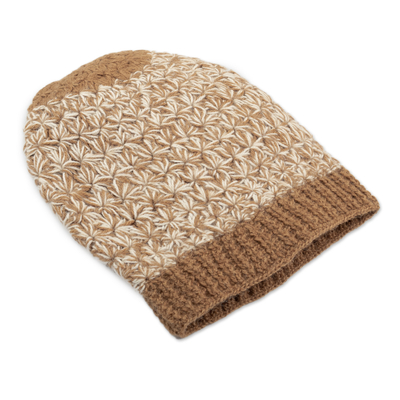 100% baby alpaca hat, 'Golden Brown Delight' - Hand Knit Brown and White Baby Alpaca Hat from Peru