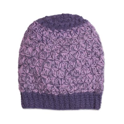 Hand Knit Pink and Purple 100% Baby Alpaca Hat from Peru