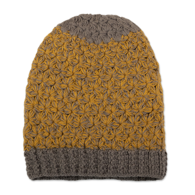 Hand Knit Yellow and Brown Baby Alpaca Hat from Peru