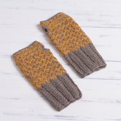 100% baby alpaca fingerless mitts, 'Inner Warmth in Clay and Amber' - Hand Knit Brown and Amber Baby Alpaca Fingerless Mitts