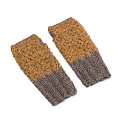 100% baby alpaca fingerless mitts, 'Inner Warmth in Clay and Amber' - Hand Knit Brown and Amber Baby Alpaca Fingerless Mitts