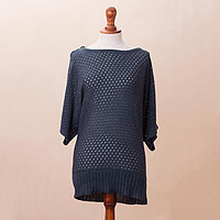 Cotton blend pullover, 'Open Elegance in Azure' - Knit Cotton Blend Pullover in Azure from Peru