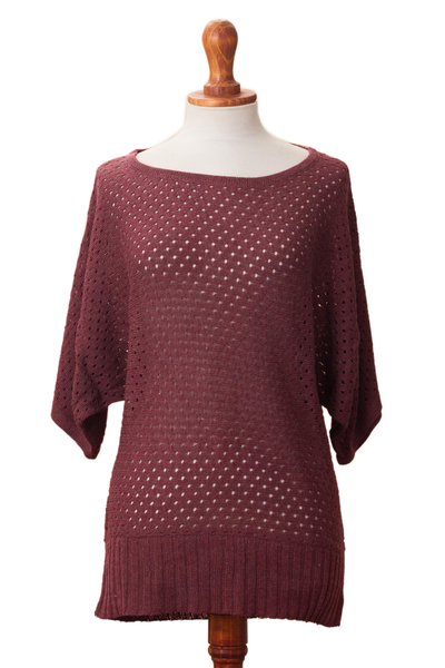 Knit Cotton Blend Pullover in Wine from Peru