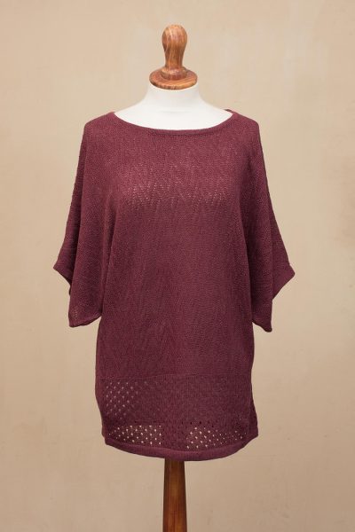 Cotton blend pullover, 'Wine Zigzag' - Zigzag Patterned Cotton Blend Pullover in Wine from Peru