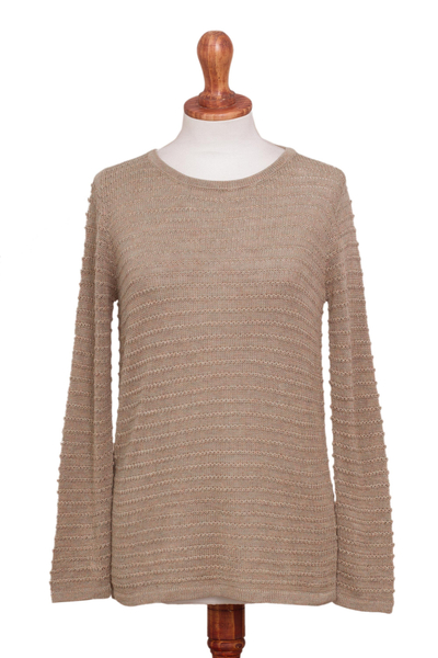 Cotton blend sweater, 'Taupe Lines' - Cotton Blend Sweater in Taupe with Line Patterns from Peru