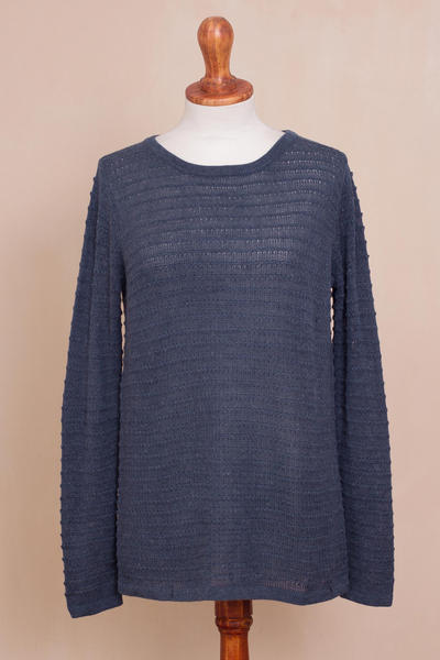 Cotton blend sweater, 'Azure Lines' - Cotton Blend Sweater in Azure with Line Patterns from Peru