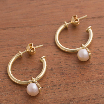 Gold plated cultured pearl dangle earrings, 'Royal Hoops' - Gold Plated Cultured Pearl Half-Hoop Dangle Earrings