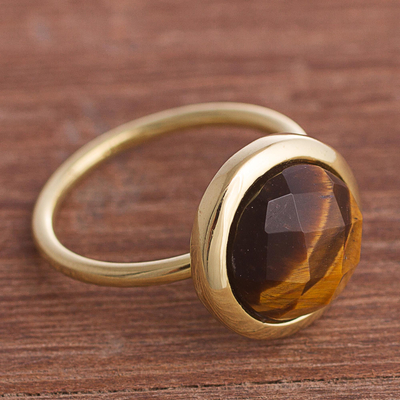 Gold plated tiger's eye single stone ring, 'Magic Pulse' - Gold-Plated Tiger's Eye Single Stone Ring from Peru