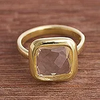 Anillo de una sola piedra de cuarzo bañado en oro - Anillo cuadrado de piedra única de sodalita chapada en oro de Perú