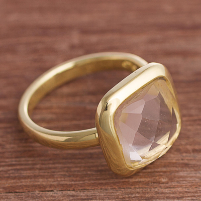 Gold plated quartz single stone ring, 'Beautiful Soul' - Square Gold Plated Sodalite Single Stone Ring from Peru