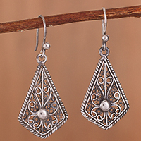 Sterling silver filigree dangle earrings, 'Royal Scroll in Antique' - Oxidized Sterling Silver Filigree Kite Dangle Earrings