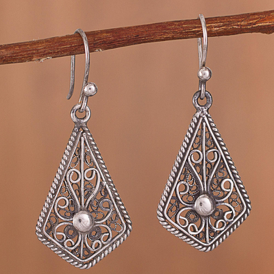 Sterling silver filigree dangle earrings, 'Royal Scroll in Antique' - Oxidized Sterling Silver Filigree Kite Dangle Earrings
