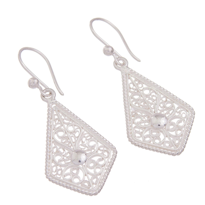 Sterling silver filigree dangle earrings, 'Gleaming Royal Scroll' - Gleaming Sterling Silver Filigree Kite Dangle Earrings