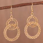 Gold plated filigree dangle earrings, 'Looped in Gold' - Gold-Plated Sterling Silver Filigree Circles Dangle Earrings