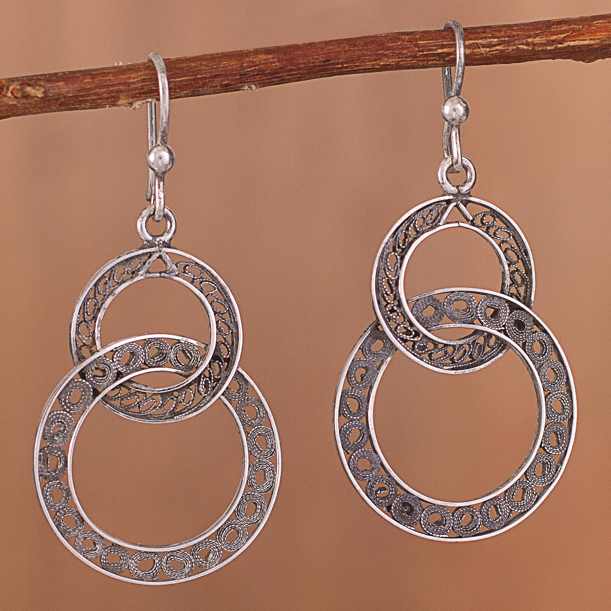 Oxidized Sterling Silver Filigree Circles Dangle Earrings Looped Oxidized Sterling Silver Filigree Circles Dangle Earrings Looped In Antique