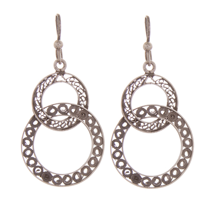 Sterling silver filigree dangle earrings, 'Looped in Antique' - Oxidized Sterling Silver Filigree Circles Dangle Earrings