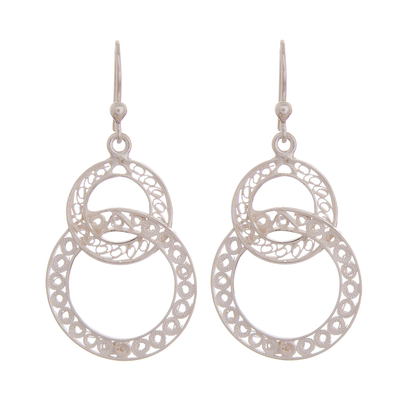 Sterling silver filigree dangle earrings, 'Gleaming Loops' - Gleaming Sterling Silver Filigree Circles Dangle Earrings