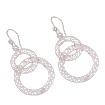 Sterling silver filigree dangle earrings, 'Gleaming Loops' - Gleaming Sterling Silver Filigree Circles Dangle Earrings
