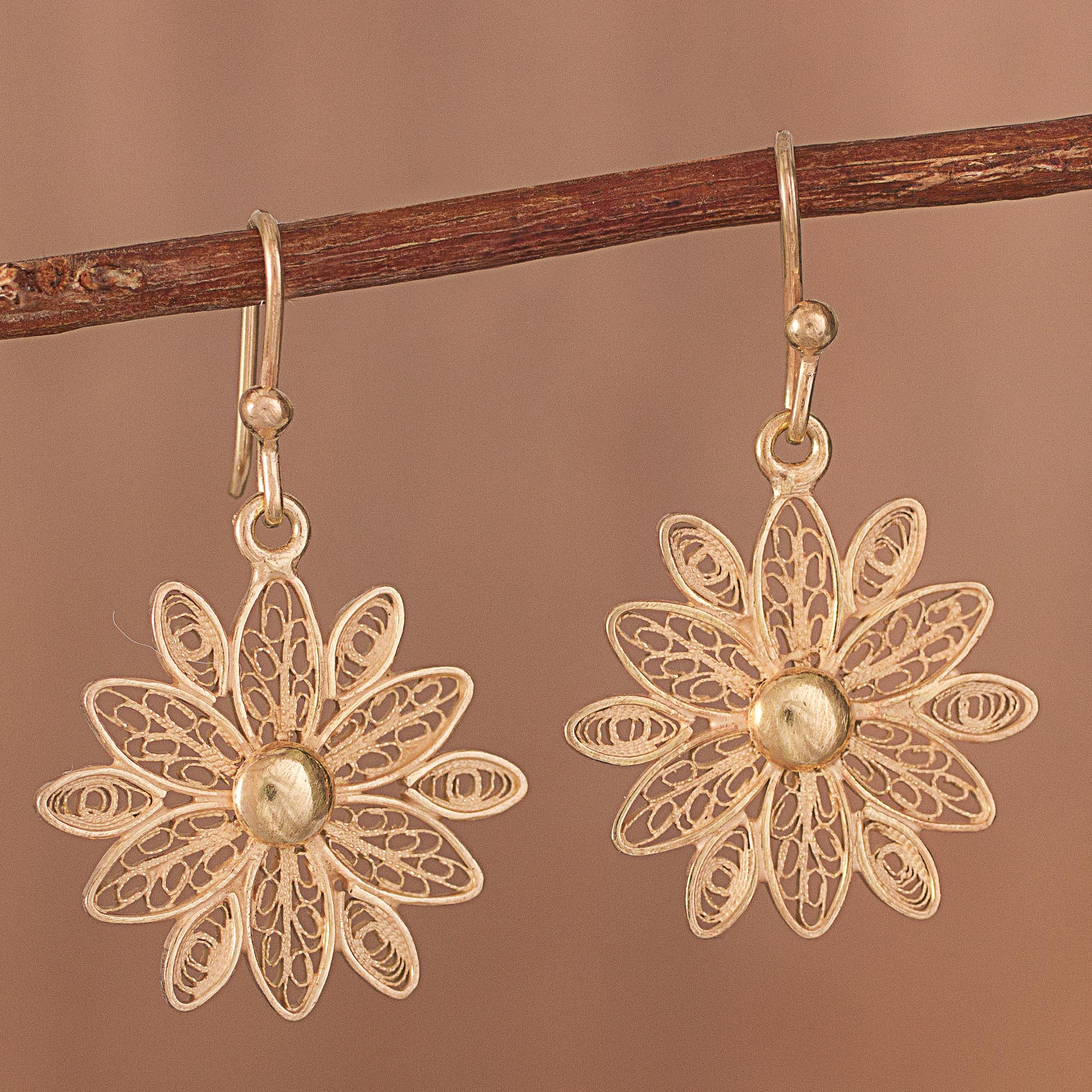 Filigree Flower Hammered Design 925 Silver Gold Plated Dangle Earrings 