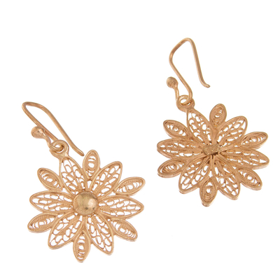 Gold plated sterling silver filigree dangle earrings, 'Starburst Flower in Gold' - Gold Plated Sterling Silver Filigree Flower Dangle Earrings