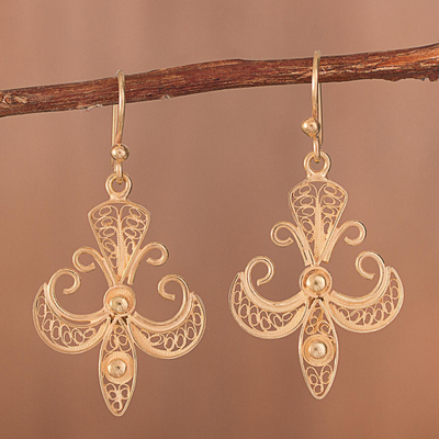 Gold plated sterling silver filigree dangle earrings, 'Elaborate Cross in Gold' - Gold Plated Sterling Silver Filigree Cross Dangle Earrings