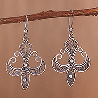 Sterling silver filigree dangle earrings, 'Elaborate Cross in Antique'