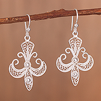 Sterling silver filigree dangle earrings, 'Gleaming Elaborate Cross' - Gleaming Sterling Silver Filigree Cross Dangle Earrings