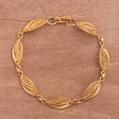 Gold-plated filigree link bracelet, 'Delicate Leaves' - Gold-Plated Sterling Silver Filigree Leaves Link Bracelet