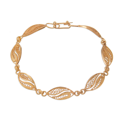 Gold-plated filigree link bracelet, 'Delicate Leaves' - Gold-Plated Sterling Silver Filigree Leaves Link Bracelet