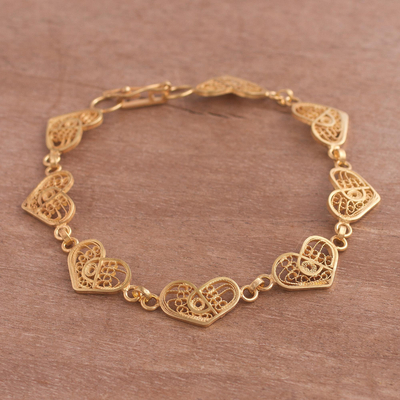 Gold plated sterling silver filigree link bracelet, 'Intricate Hearts' - Gold Plated Sterling Silver Filigree Hearts Link Bracelet