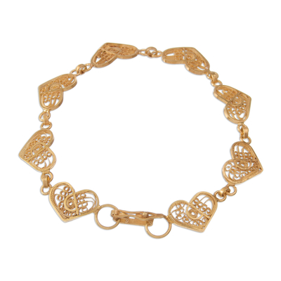 Gold plated sterling silver filigree link bracelet, 'Intricate Hearts' - Gold Plated Sterling Silver Filigree Hearts Link Bracelet