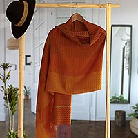 Alpaca blend shawl, 'Glorious Warmth' - Hand Woven Orange Alpaca Blend Shawl from Peru