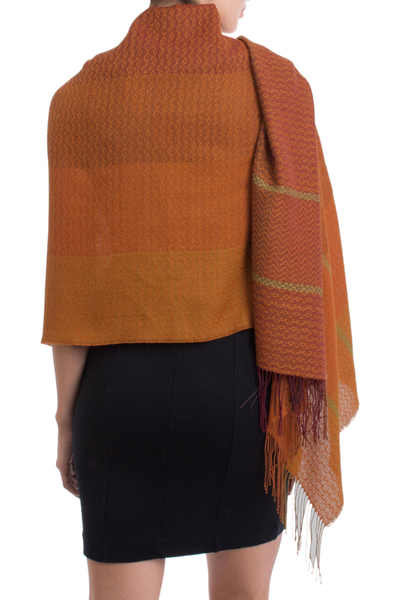 Alpaca blend shawl, 'Glorious Warmth' - Hand Woven Orange Alpaca Blend Shawl from Peru