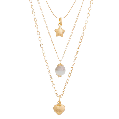 Gold plated opal pendant necklace, 'Golden Cosmos' - Gold Plated Three Chain Pendant Necklace with Opal