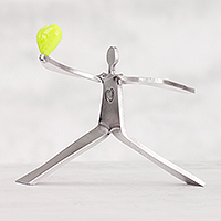 Aluminum sculpture, 'Reach for Love in Yellow' - Figure Offering Bright Yellow Heart Aluminum Sculpture