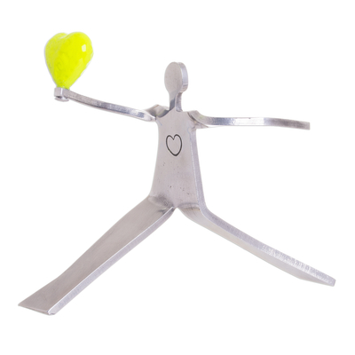 Aluminum sculpture, 'Reach for Love in Yellow' - Figure Offering Bright Yellow Heart Aluminum Sculpture