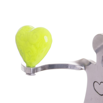 aluminium sculpture, 'Reach for Love in Yellow' - Figure Offering Bright Yellow Heart aluminium Sculpture