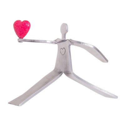 Aluminum sculpture, 'Reach for Love in Fuchsia' - Figure Offering Bright Fuchsia Heart Aluminum Sculpture