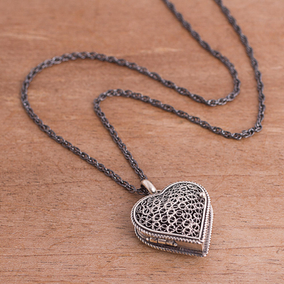 Collar medallón de filigrana de plata de primera ley - Collar de medallón de corazón de filigrana de plata esterlina de Perú