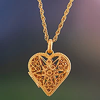 Gold-plated sterling silver filigree locket necklace, 'Splendid Fantasy' - Heart Shaped Gold Plated Filigree Locket Necklace from Peru