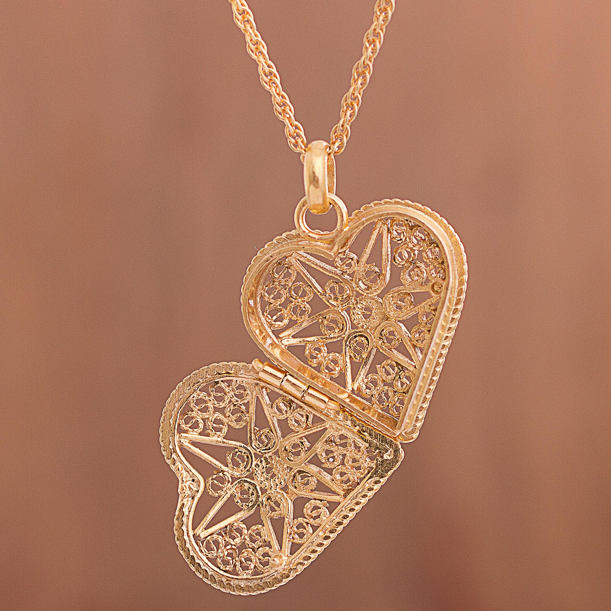 Heart Shaped Gold Plated Filigree Locket Necklace From Peru Splendid   P331804 2b 