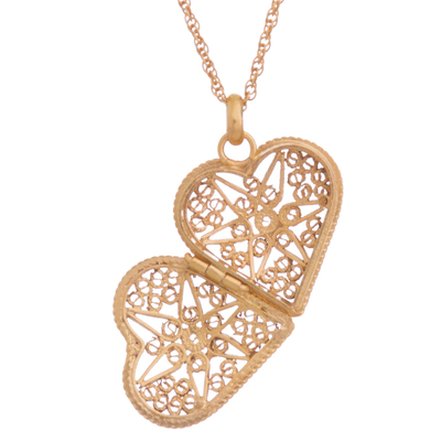 Gold-plated sterling silver filigree locket necklace, 'Splendid Fantasy' - Heart Shaped Gold Plated Filigree Locket Necklace from Peru