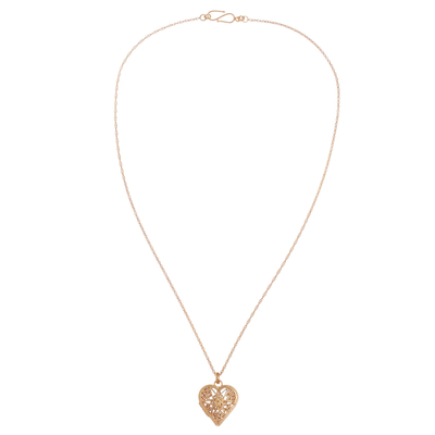 Gold-plated sterling silver filigree locket necklace, 'Splendid Fantasy' - Heart Shaped Gold Plated Filigree Locket Necklace from Peru