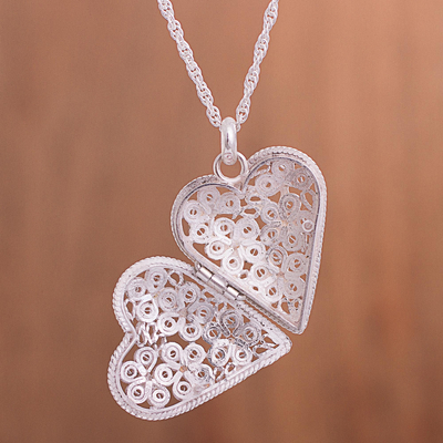 Sterling silver filigree locket necklace, 'Shining Finesse' - Sterling Silver Heart Shaped Filigree Locket Necklace