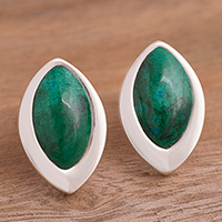Chrysocolla button earrings, 'Dazzling Diva' - Sterling Silver and Chrysocolla Button Earrings from Peru