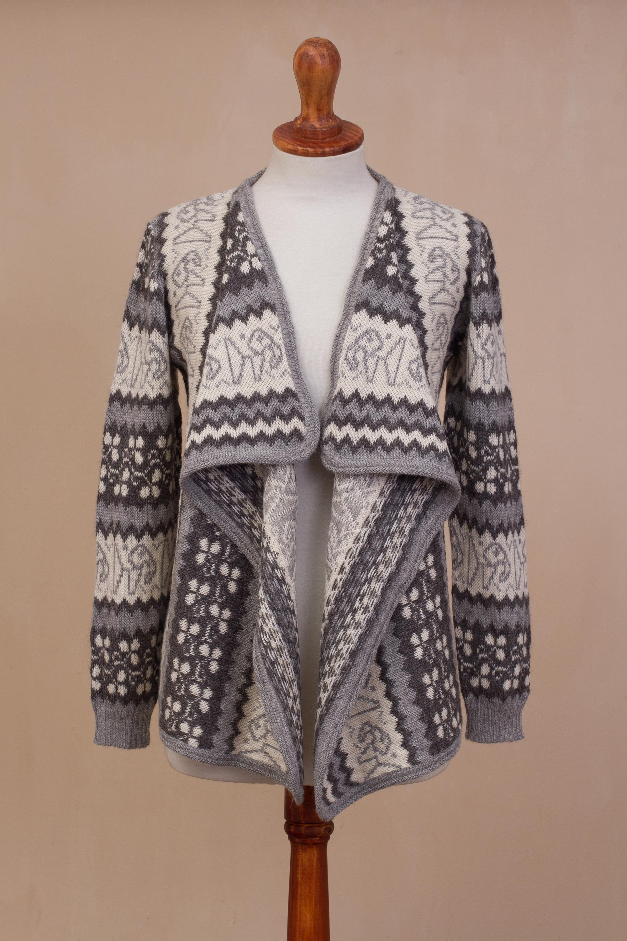 Knit Grey and Ivory Alpaca Cardigan Sweater from Peru - Cozy Warmth in ...